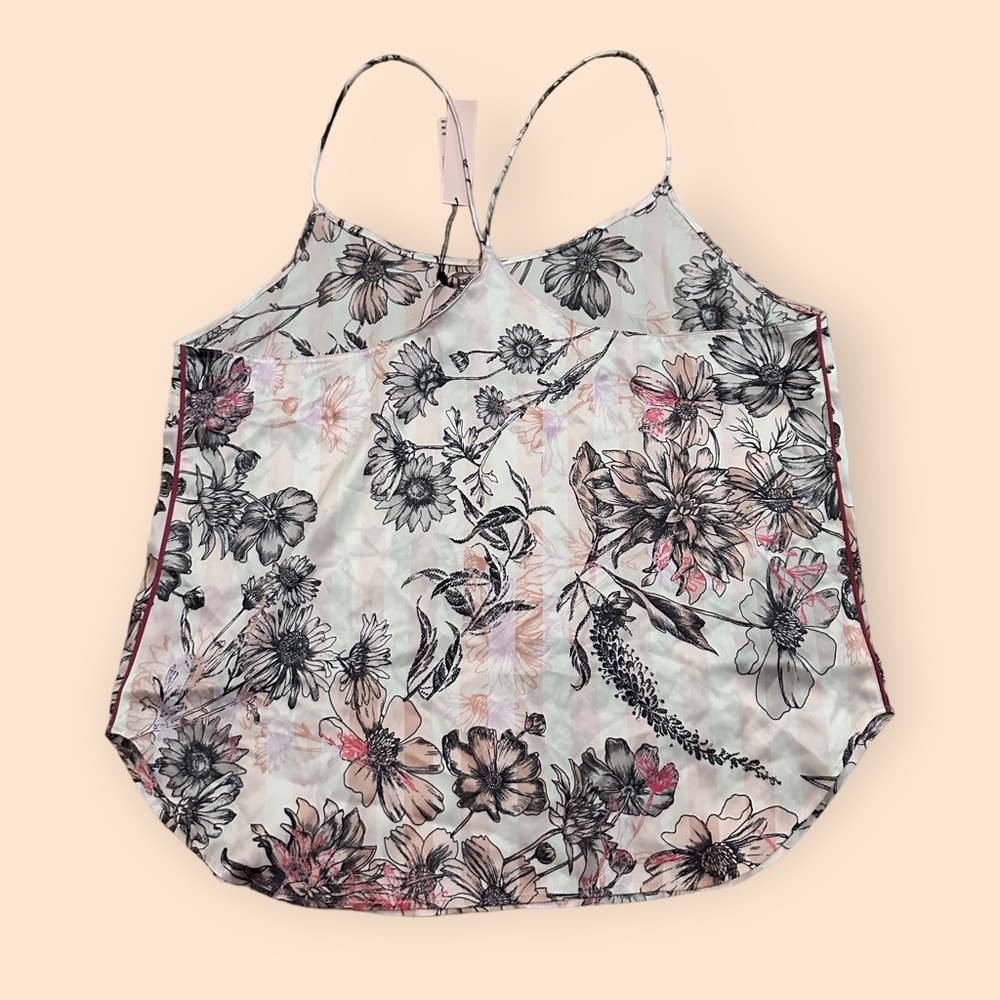 NWT Women’s Victoria’s Secret Black Pink White Floral Stripe Silky Tank Top Med